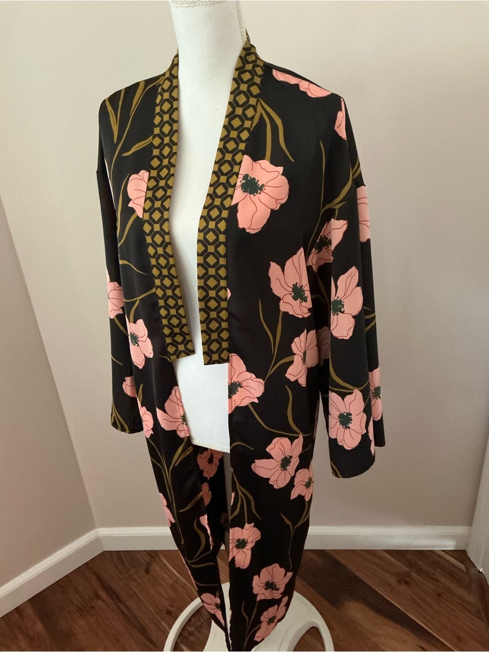 a new day Black Floral Kimono Duster with Pink Poppies